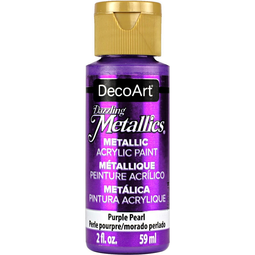 DecoArt Dazzling Metallics White Pearl craft paint in a 2 oz jar with a shimmering metallic finish.