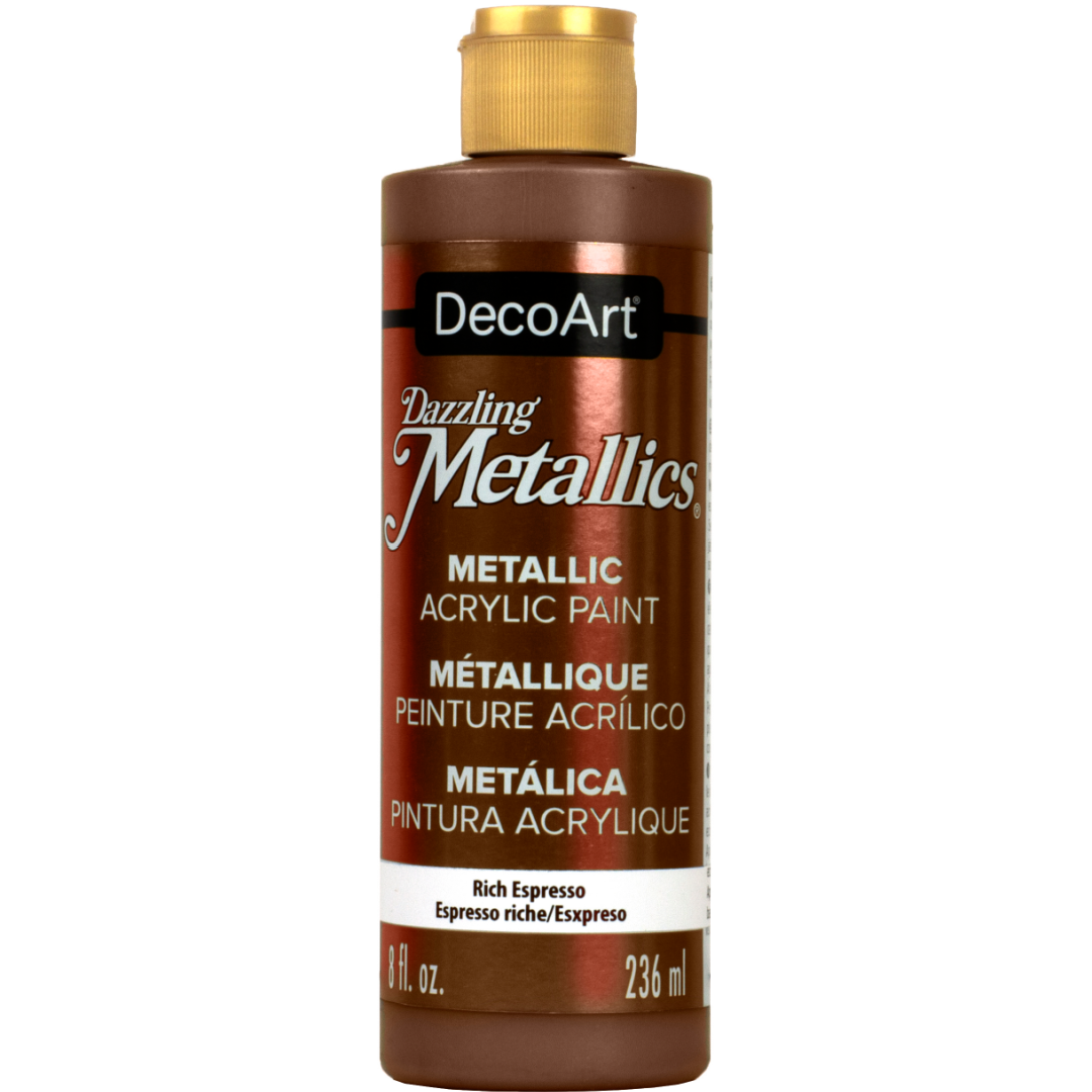 White pearl Dazzling Metallics acrylic paint by DecoArt in a 2 oz bottle with a shimmering metallic finish.
