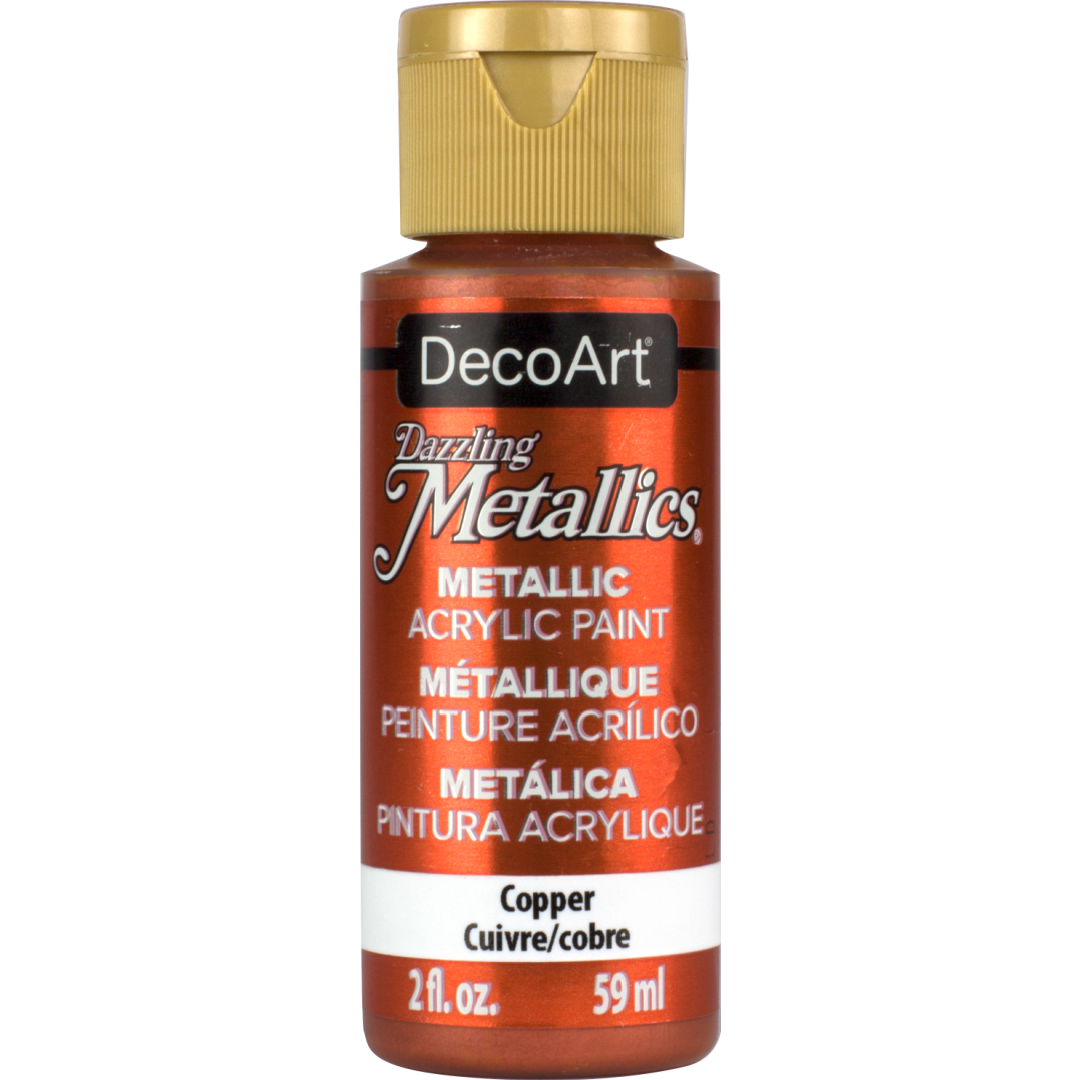 White Pearl Dazzling Metallics paint by DecoArt in a 2 oz bottle with a shimmering metallic finish.