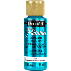 White Pearl Dazzling Metallics acrylic paint by DecoArt in a 2 oz jar, showcasing its shimmering metallic finish.