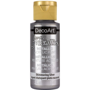 White Pearl Dazzling Metallics acrylic paint by DecoArt in a 2 oz container with a shimmering metallic finish.