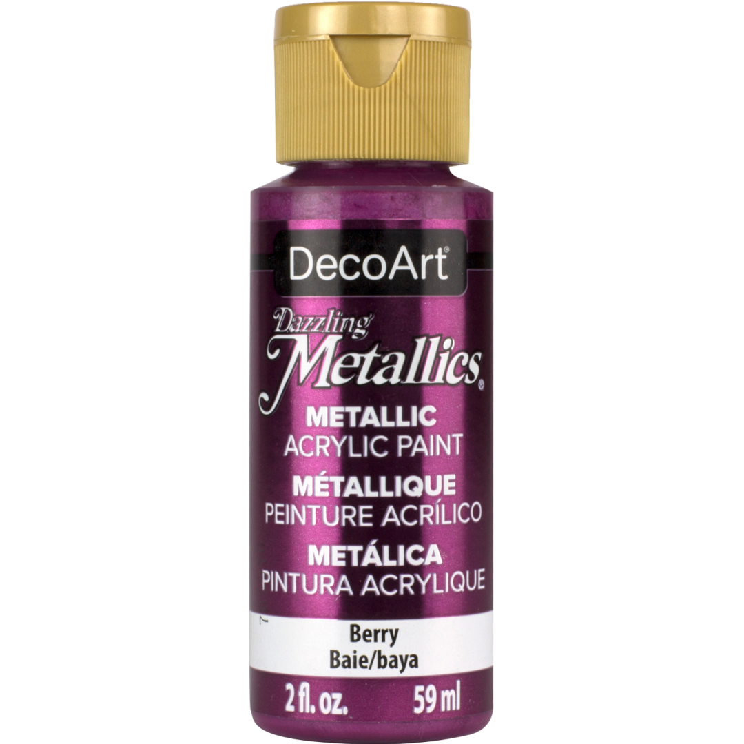 White pearl Dazzling Metallics paint by DecoArt, 2 oz bottle with shimmering metallic finish.