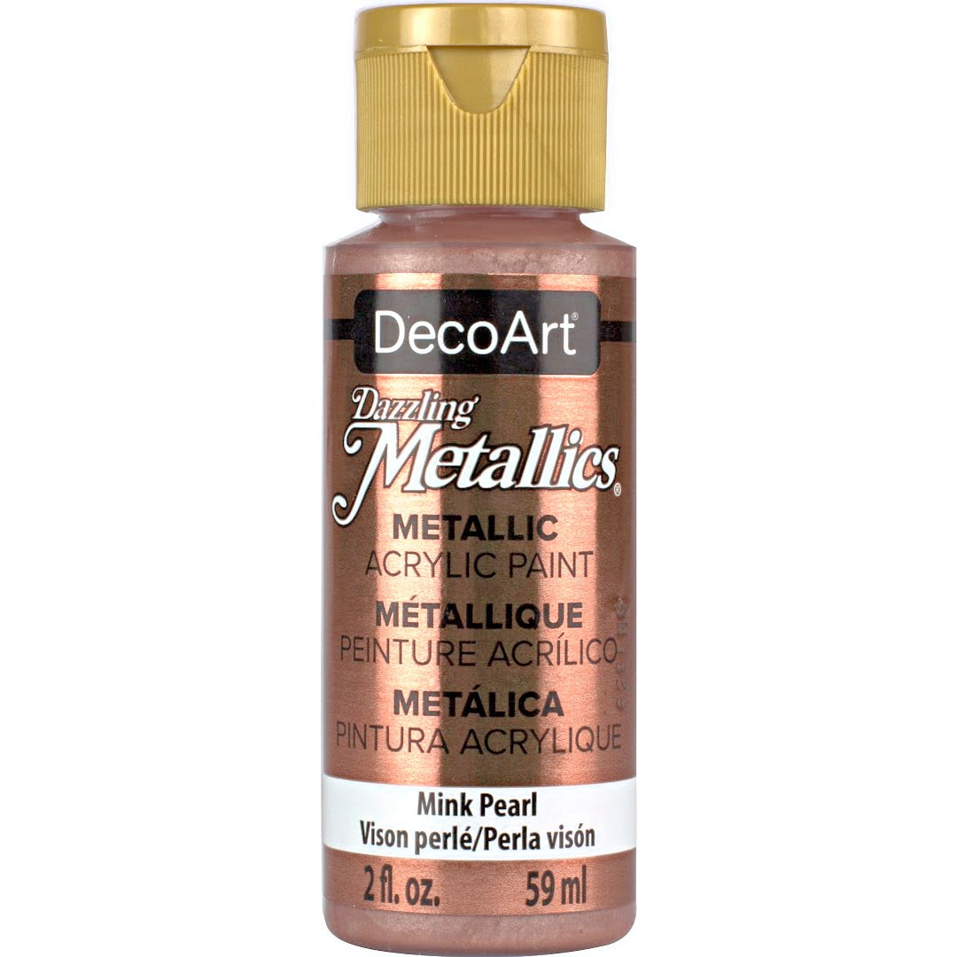 White Pearl Dazzling Metallics acrylic paint by DecoArt in a 2 oz jar with a shimmering metallic finish.