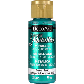 White Pearl Dazzling Metallics acrylic paint by DecoArt in a 2 oz jar, showcasing a shimmering metallic finish.