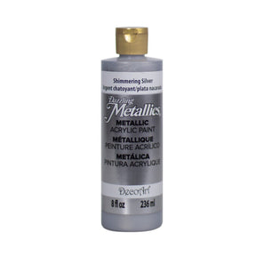 White Pearl Dazzling Metallics acrylic paint by DecoArt in a 2 oz bottle with a shiny, metallic finish.