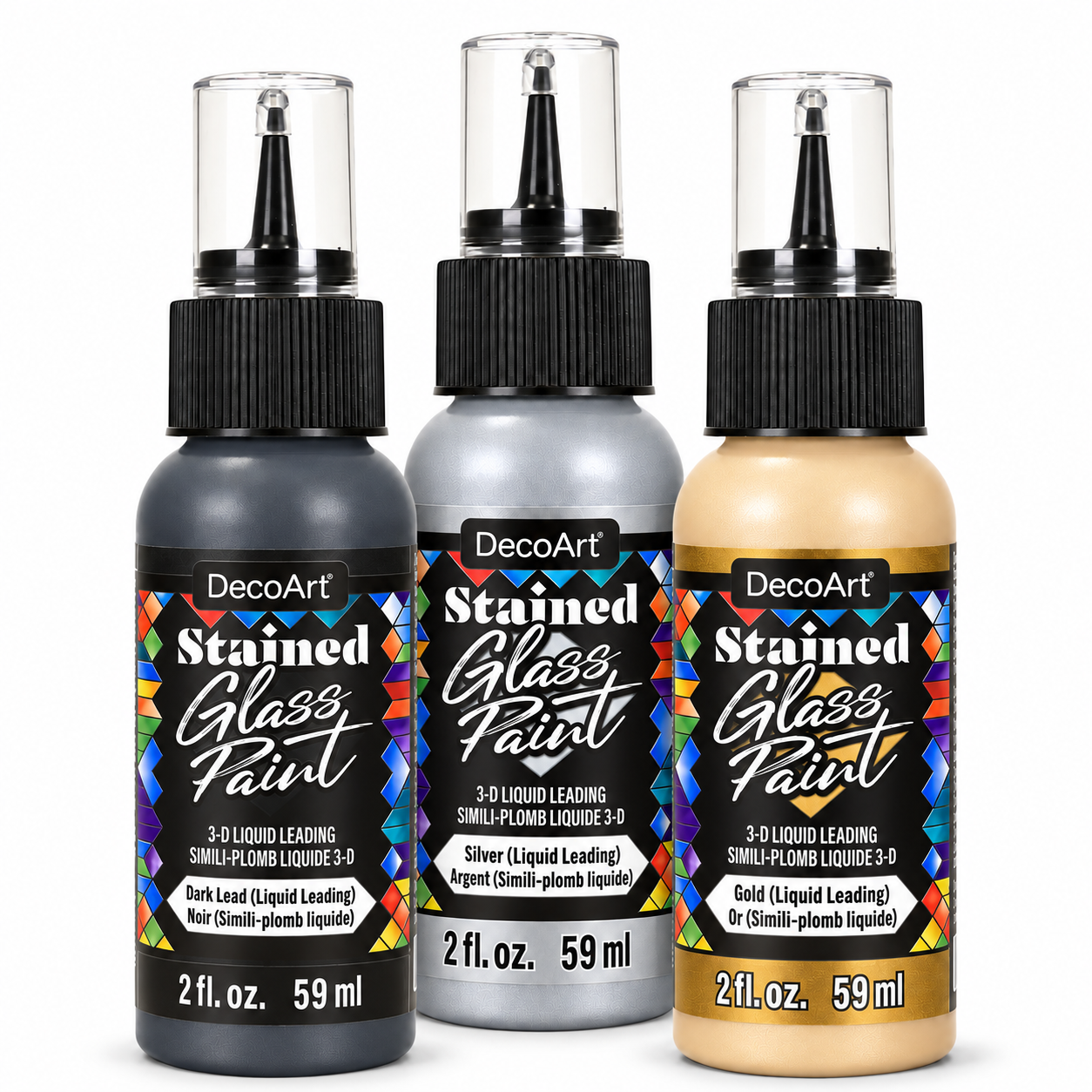 DecoArt Stained Glass Paint 3-D Liquid Leadings set in all three colors