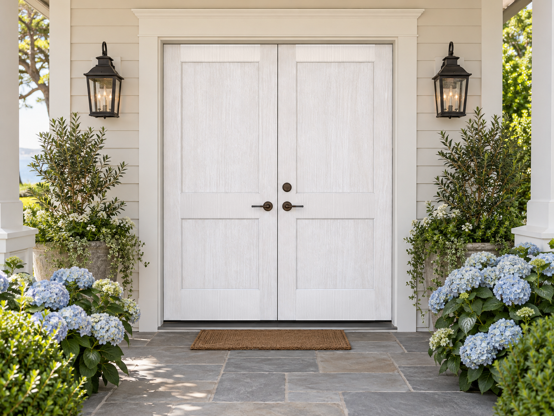 Retique It Wood'n Finish double front door kit in white wash stain with wood grain texture and classic double-door design.
