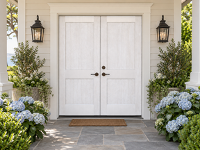 Retique It Wood'n Finish double front door kit in white wash stain with wood grain texture and classic double-door design.
