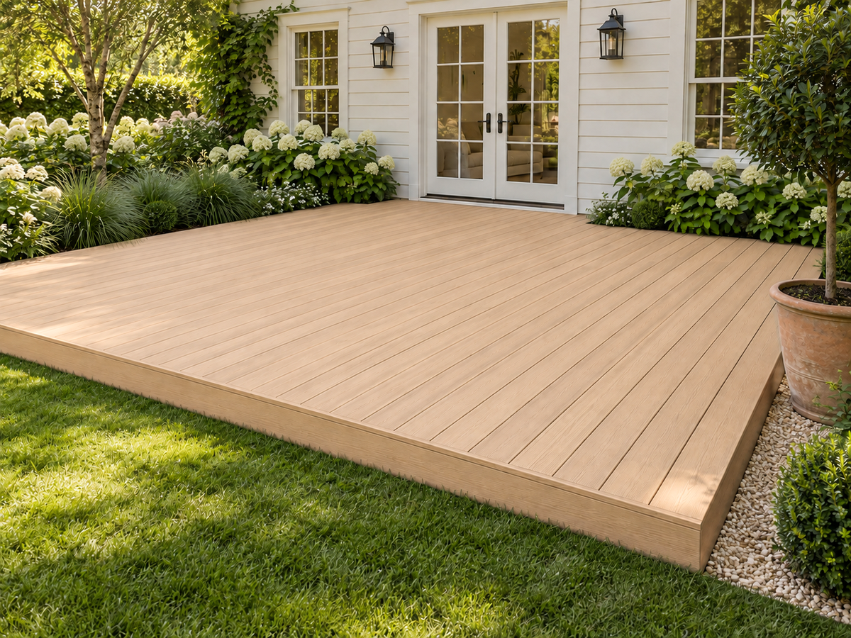 White Oak decking wood stain kit from Retique It, showcasing a beautifully grained deck with white oak finish.
