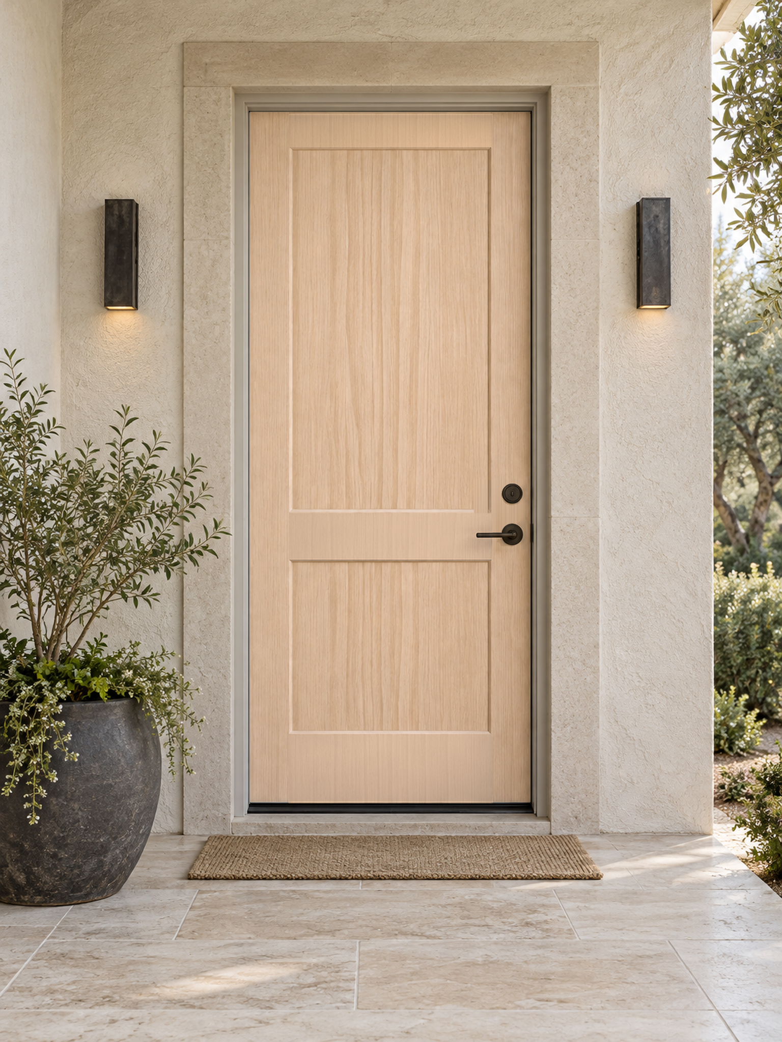 White oak front door with Wood'n Finish stain kit by Retique It, showcasing a beautifully grained single door in natural wood finish.