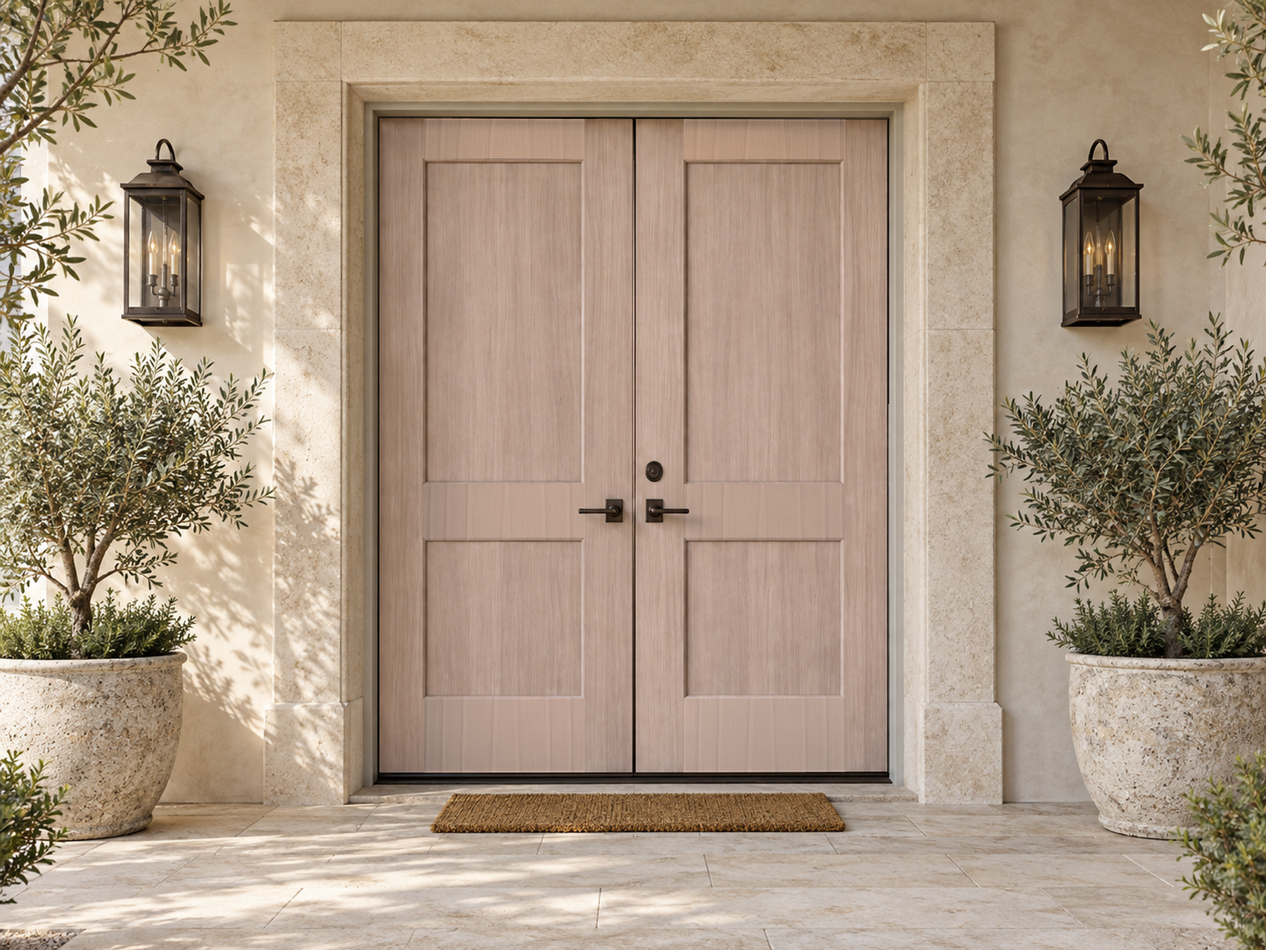 Retique It Wood'n Finish French Oak double front door kit with stained wood grain texture for stylish home entry.