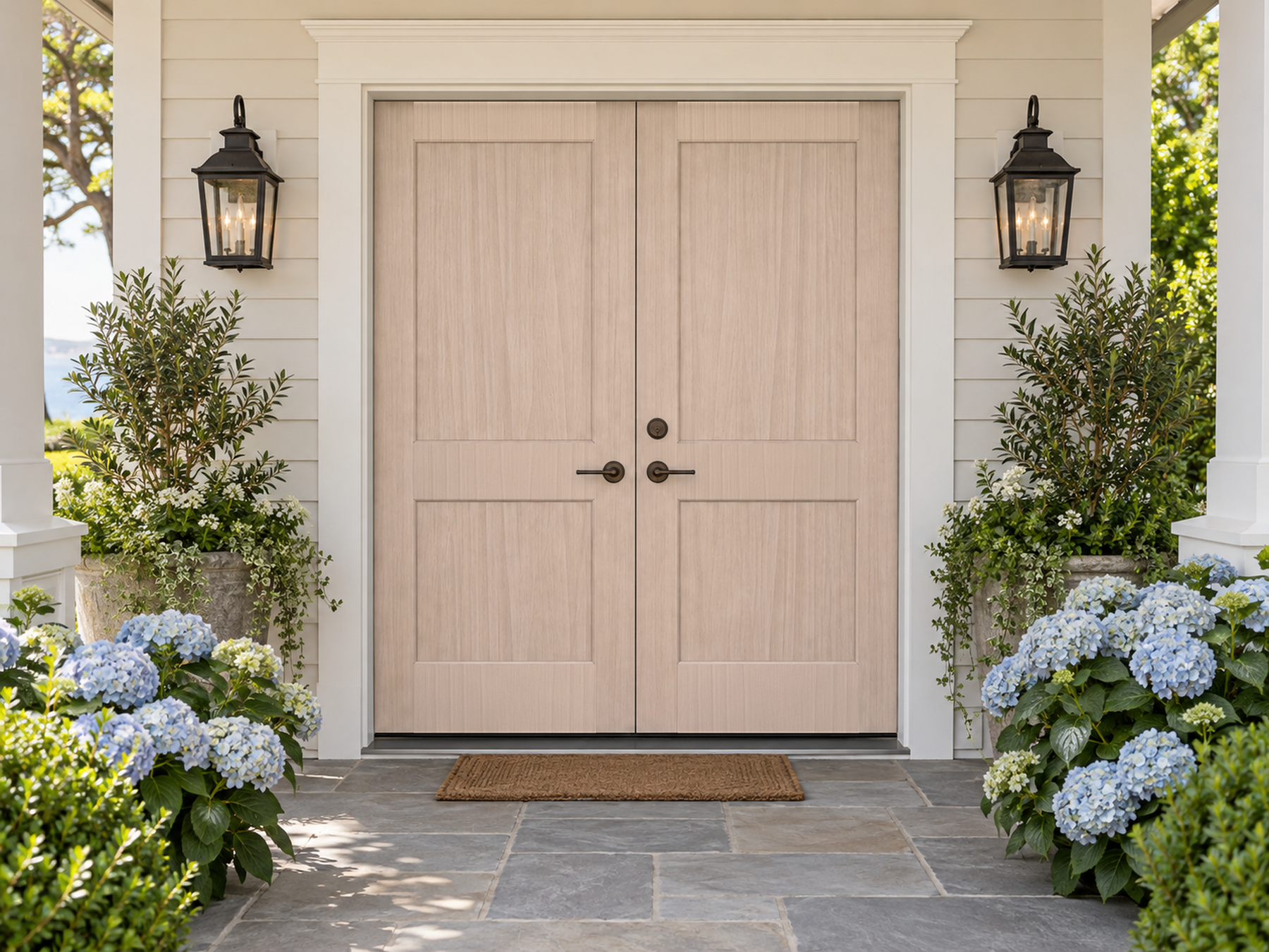 Retique It Wood'n Finish Front Door Kit in Sun Bleached, showing a double door with a natural wood grain finish.