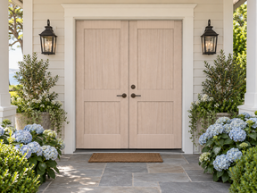 Retique It Wood'n Finish Front Door Kit in Sun Bleached, showing a double door with a natural wood grain finish.