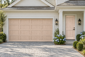 Sun-bleached Wood'n Door Kit by Retique It for front and garage doors, featuring natural wood grain finish and decorative details.