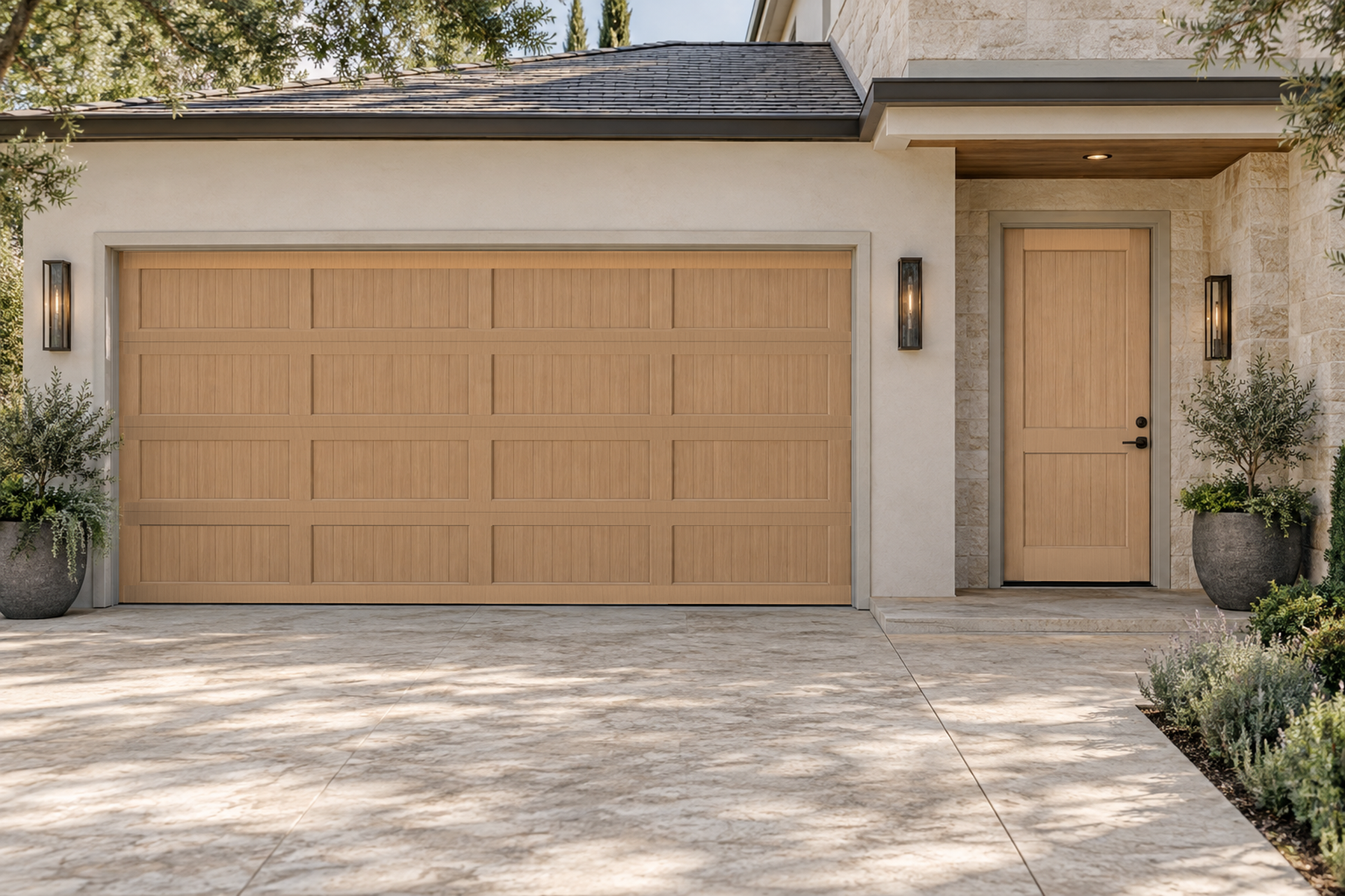 Retique It Wood'n Door Kit in Pickled Oak stain, featuring textured front and garage door with natural wood grain appearance.