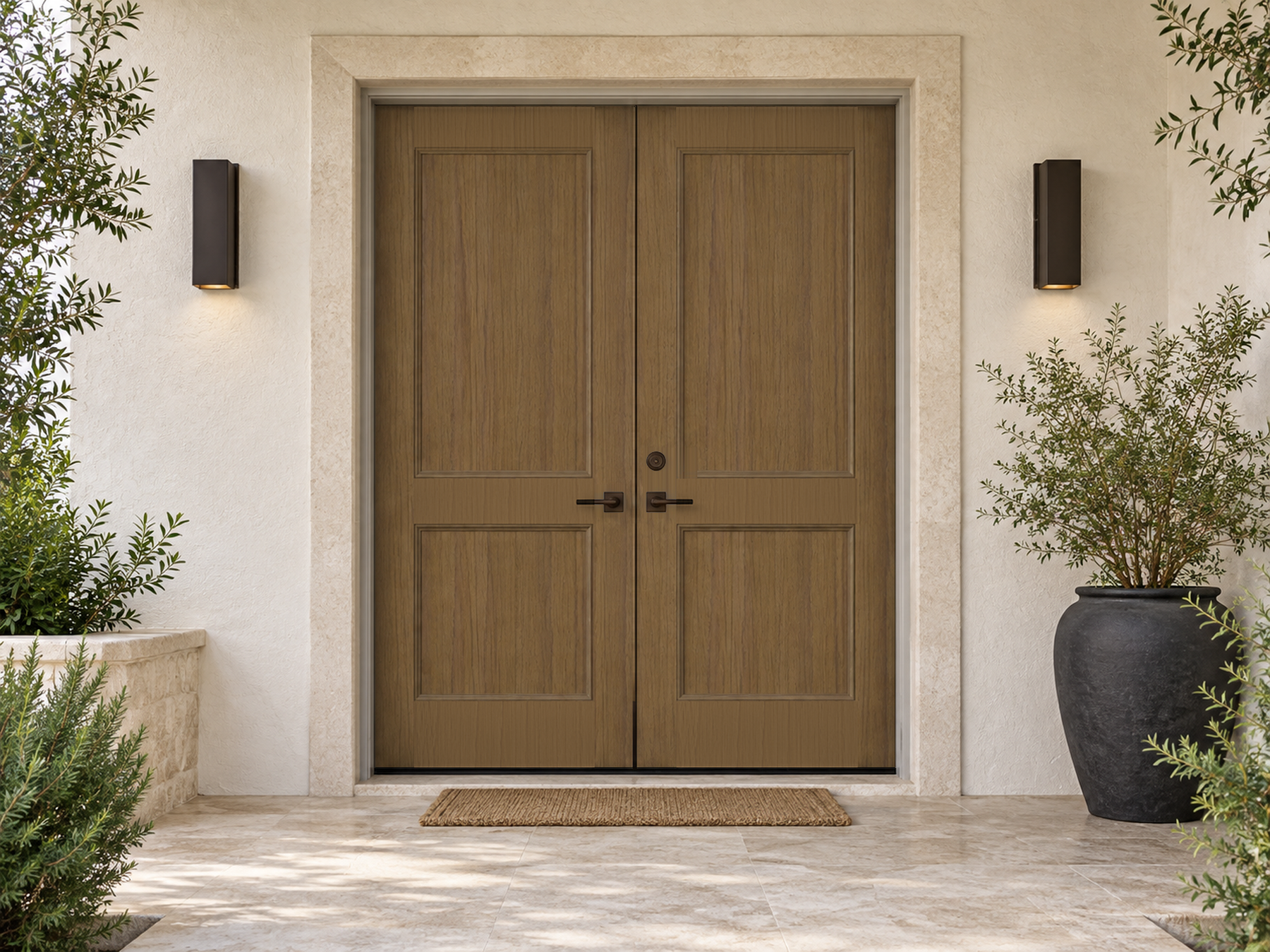 Retique It Wood'n Finish front double barn wood door kit with stained, textured wood grain design for a rustic entrance appearance.
