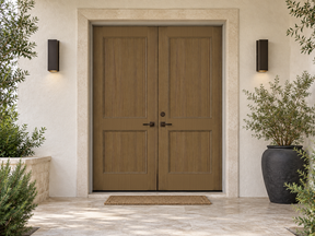 Retique It Wood'n Finish front double barn wood door kit with stained, textured wood grain design for a rustic entrance appearance.