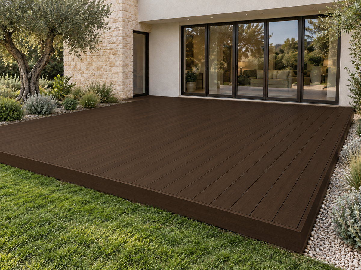 Black Walnut Decking Wood'n Kit stain by Retique It showing a beautifully stained wooden deck with rich black walnut color and wood grain.