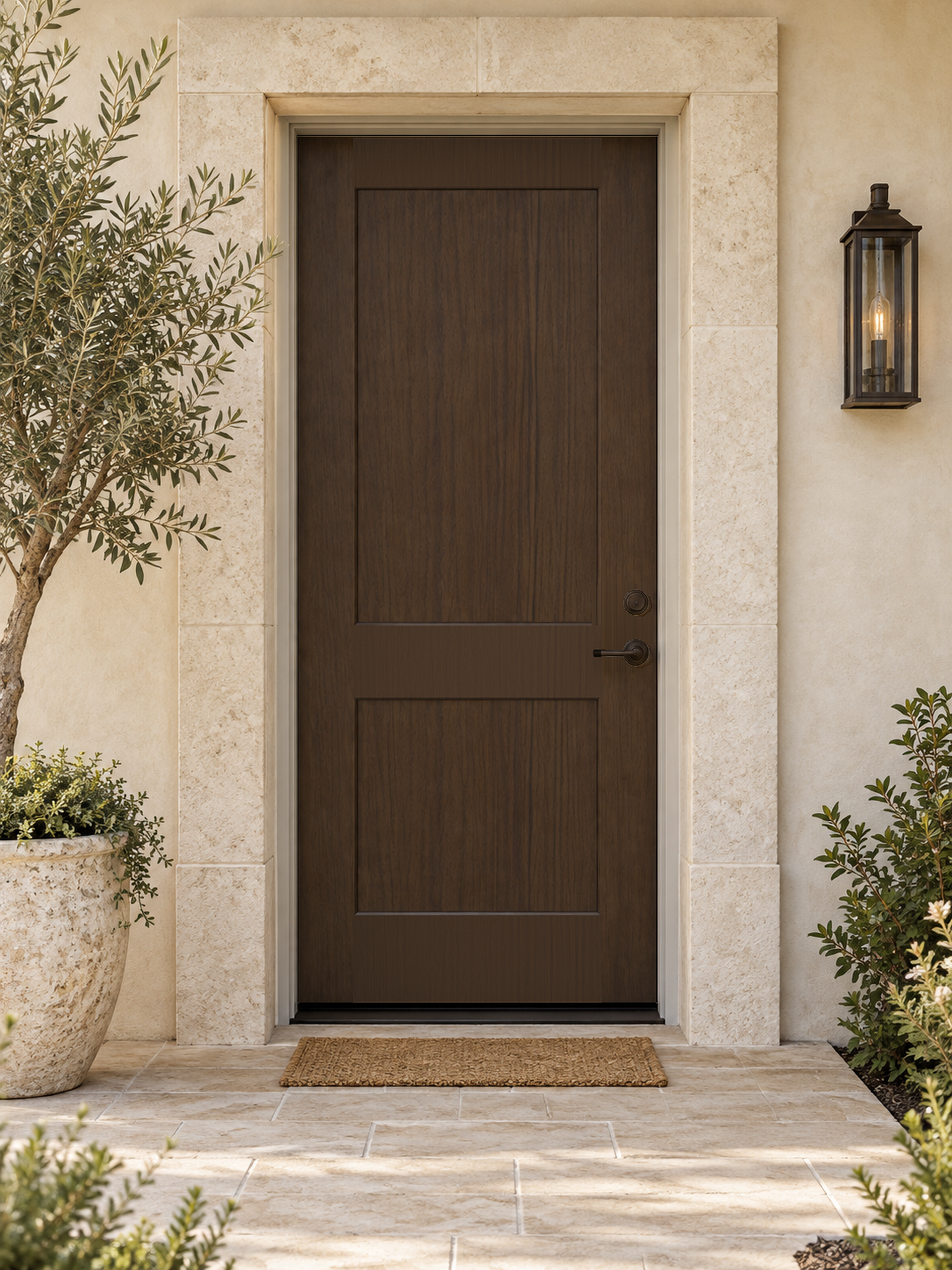 Black Walnut stained wood front door kit by Retique It, showcasing detailed wood grain and finished door design.