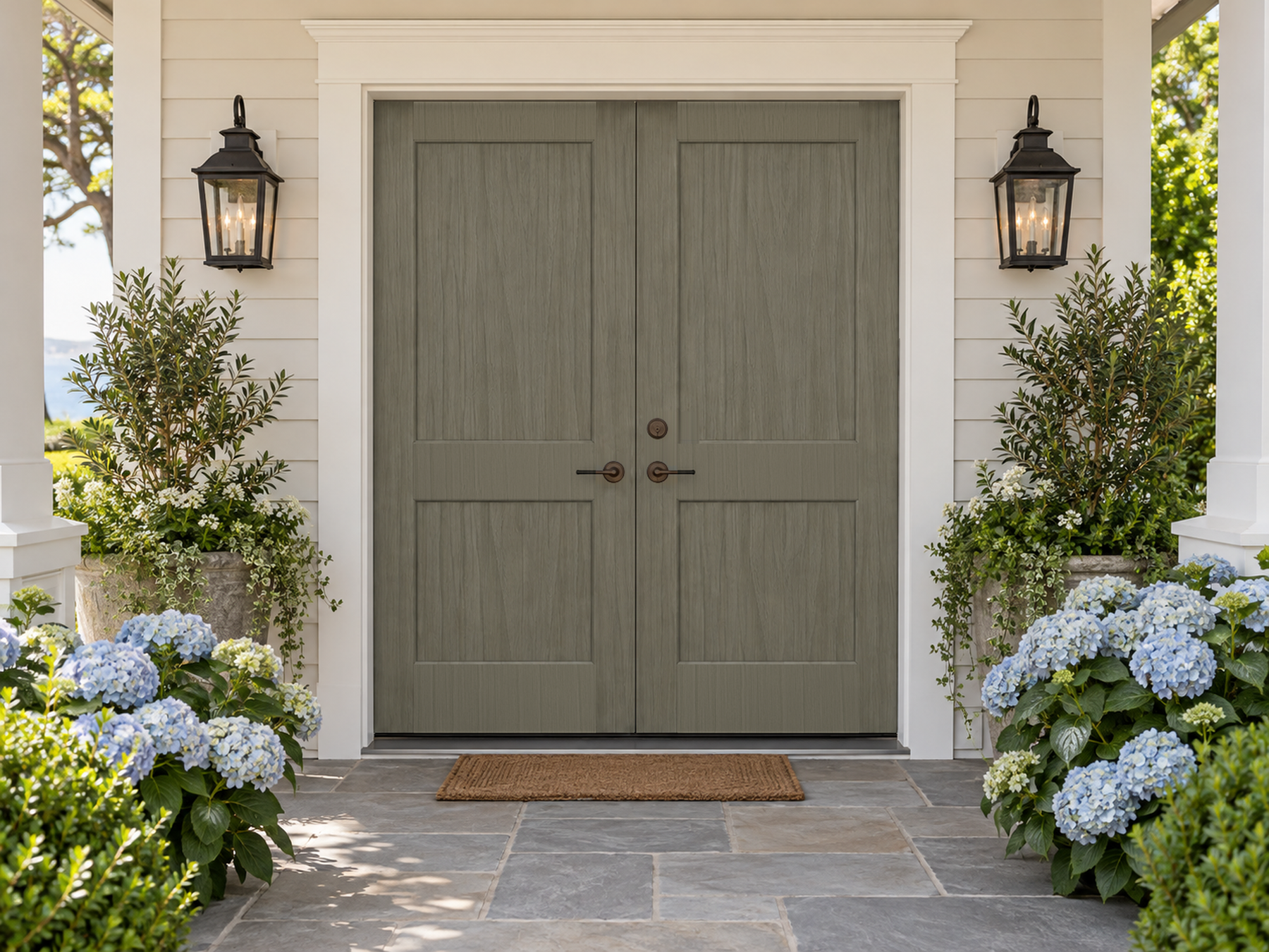 Double weathered wood front door kit by Retique It with natural wood grain stain and finished weathered appearance.