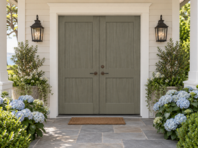 Double weathered wood front door kit by Retique It with natural wood grain stain and finished weathered appearance.