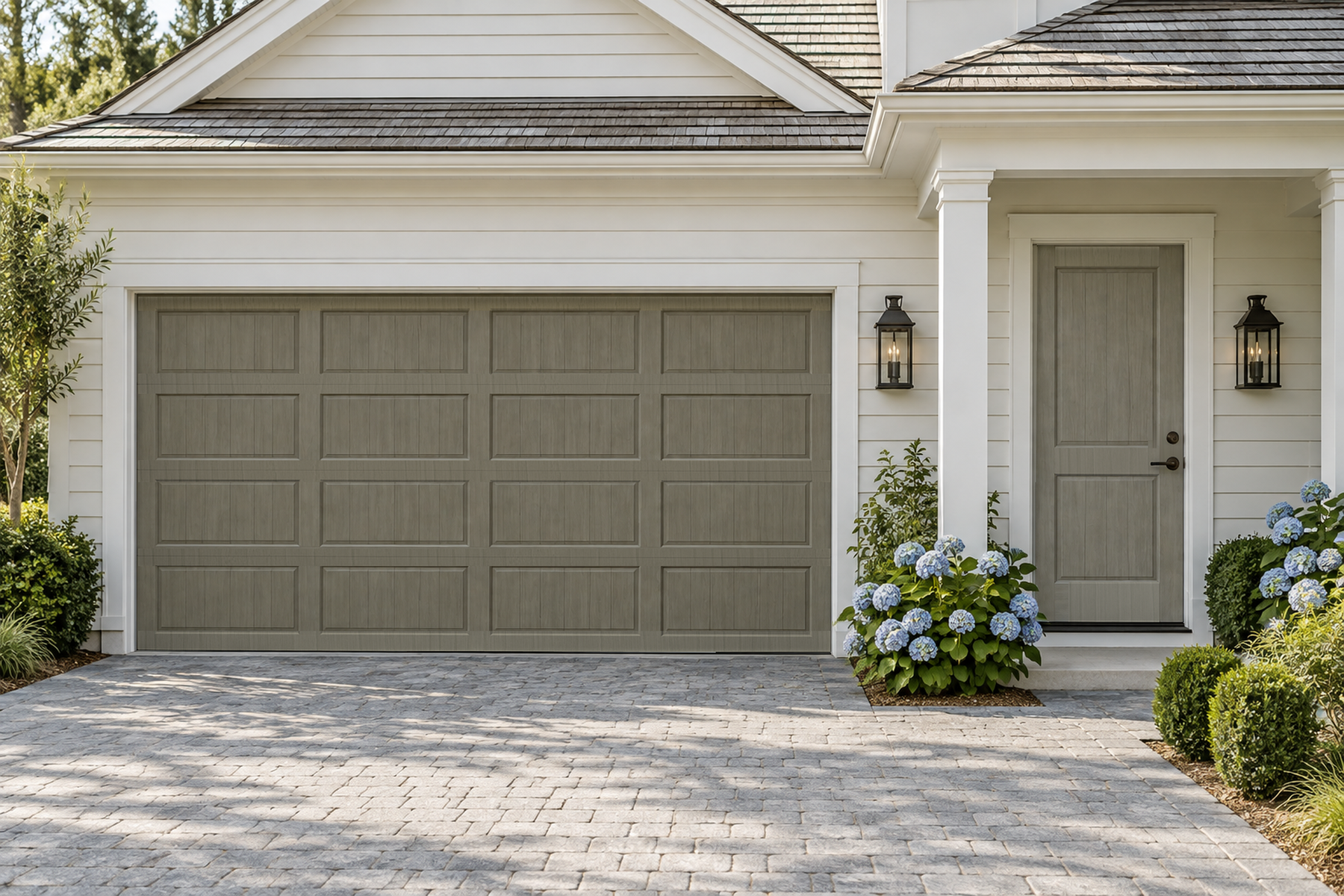 Retique It Wood'n Door Kit weathered wood stain on front and garage doors, showcasing natural wood grain and weathered finish.