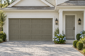 Retique It Wood'n Door Kit weathered wood stain on front and garage doors, showcasing natural wood grain and weathered finish.