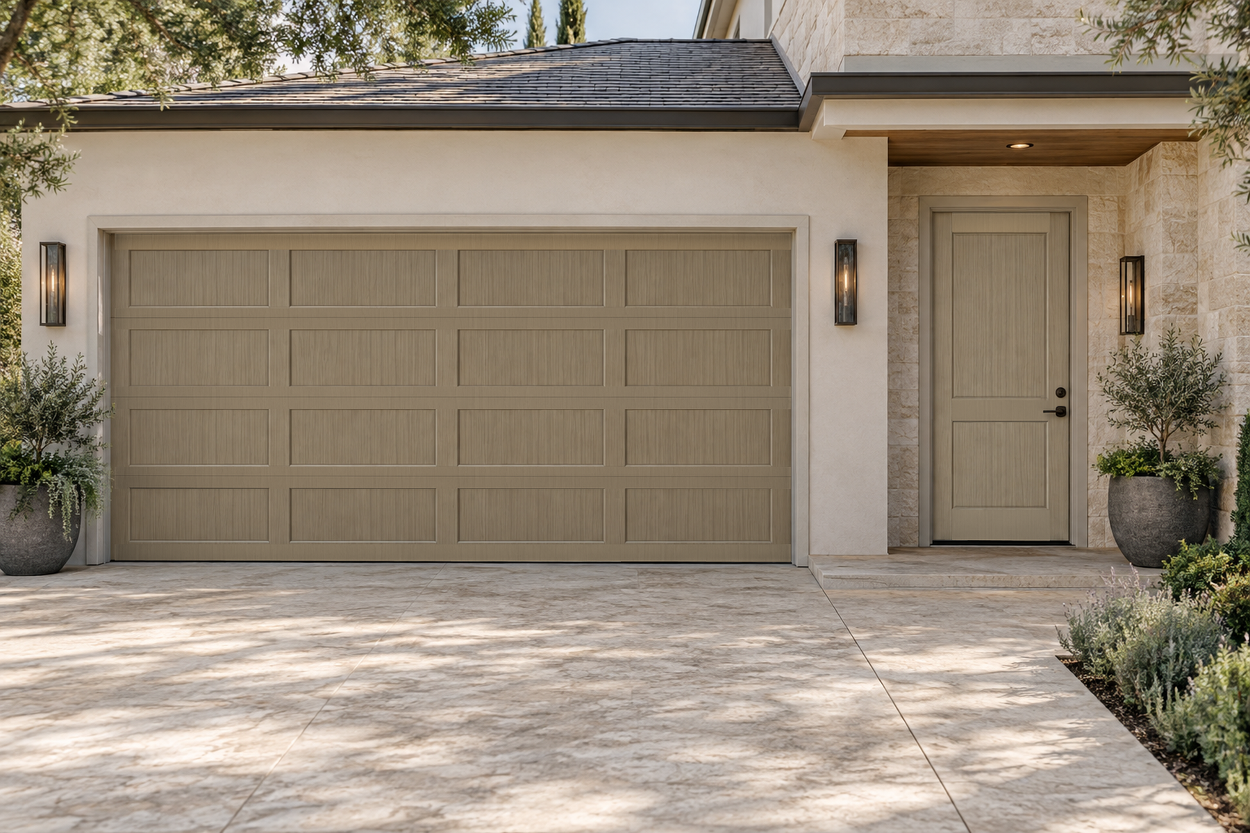 Retique It Wood'n Door Kit in Drift Wood stain showing a front and garage door with natural wood grain finish.