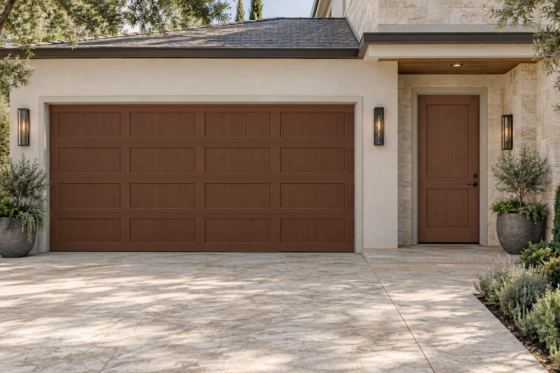 Retique It Wood'n Door Kit in Java stain, showing a beautifully grained front and garage door with natural wood finish.