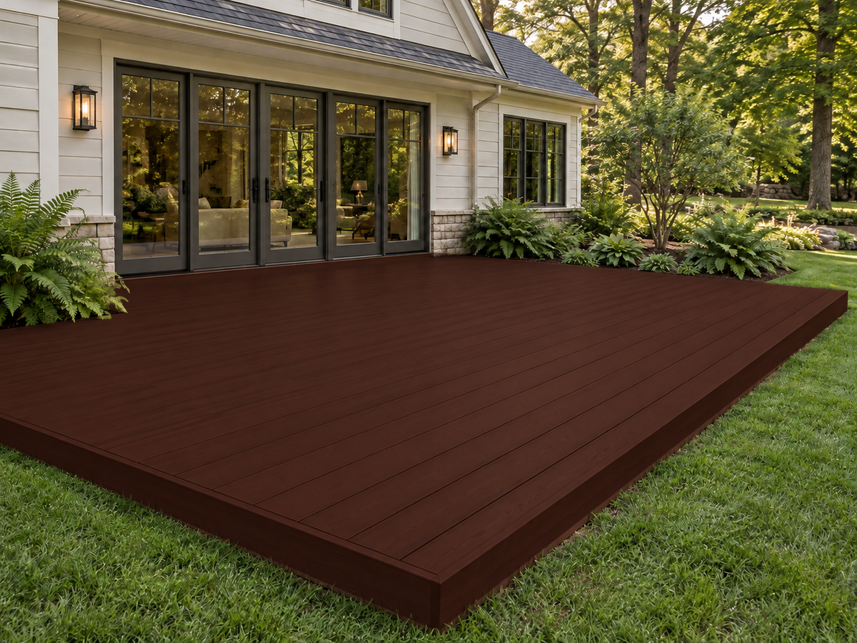 Red Mahogany decking wood stain kit by Retique It, showing a beautifully stained wooden deck with rich, reddish-brown hues.