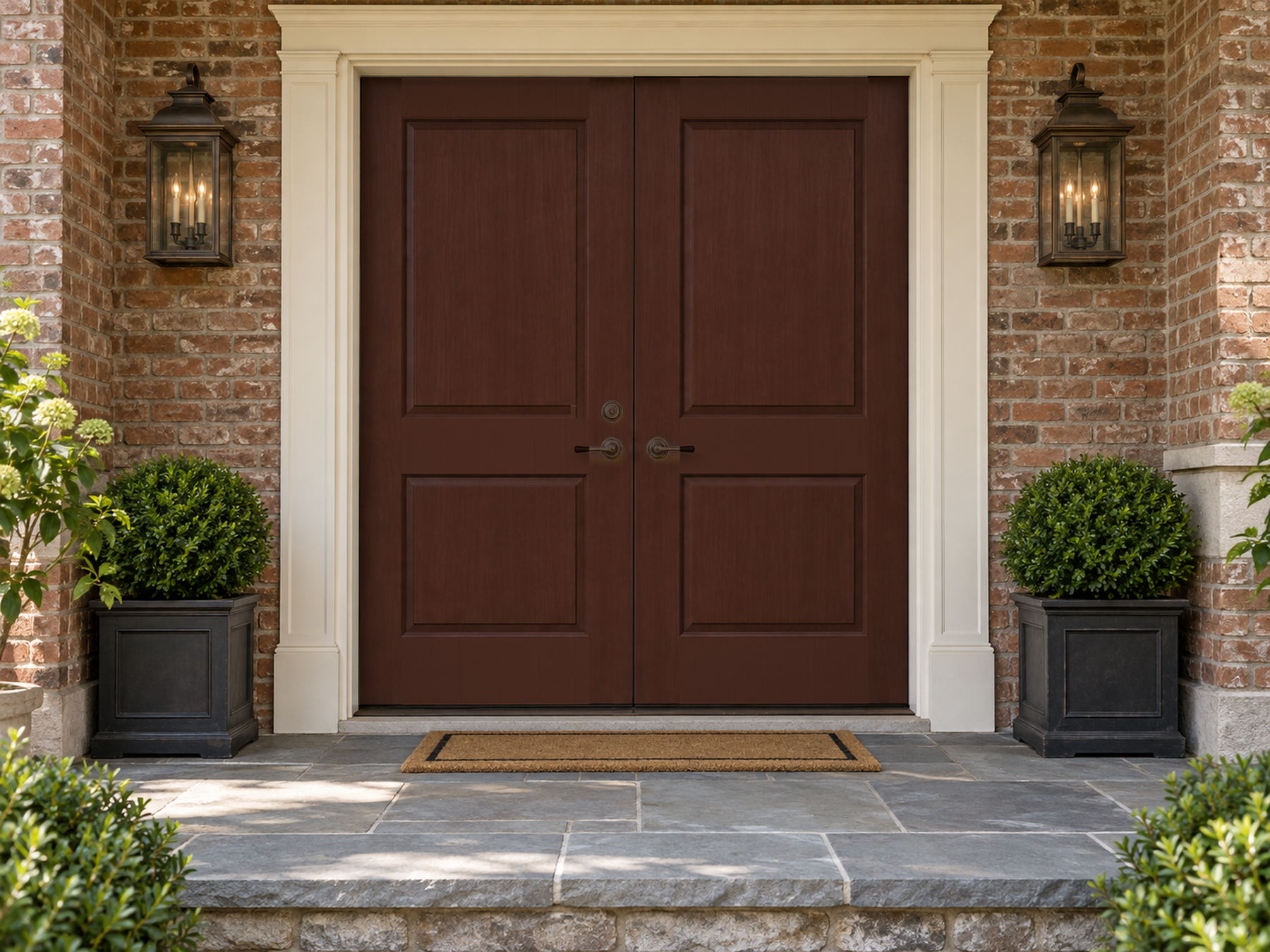 Double front door stained with Red Mahogany wood finish by Retique It, showcasing a rich, grained wood appearance.