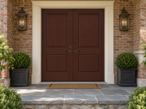 Double front door stained with Red Mahogany wood finish by Retique It, showcasing a rich, grained wood appearance.