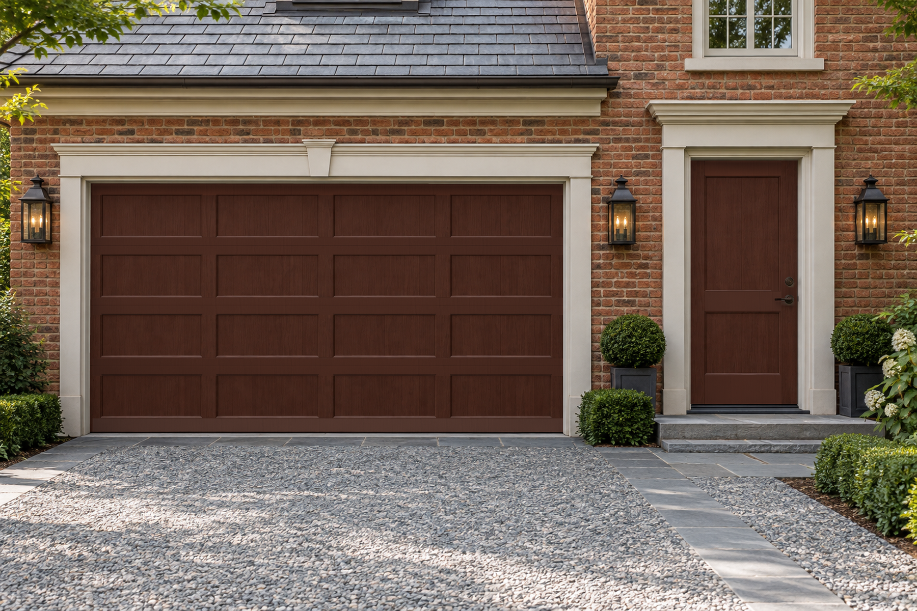 Retique It Wood'n Door Kit in Red Mahogany stain, featuring a grained front and garage door for a stylish entryway.