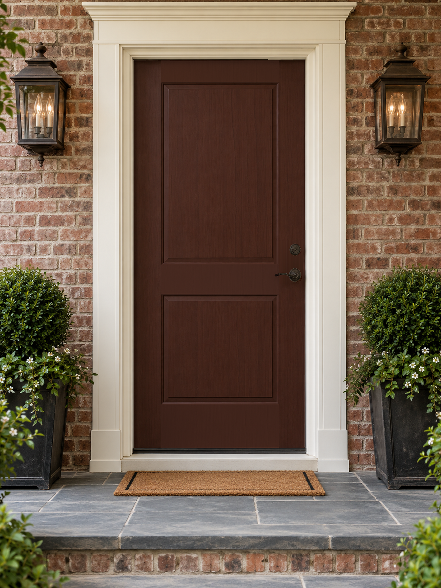 Red Mahogany wood stain front door kit by Retique It, featuring a grained finish on a single door with rich mahogany color.