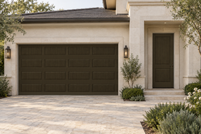 Retique It Wood'n Door Kit in Charcoal stain, showcasing a front and garage door with a rich, textured wood grain finish.