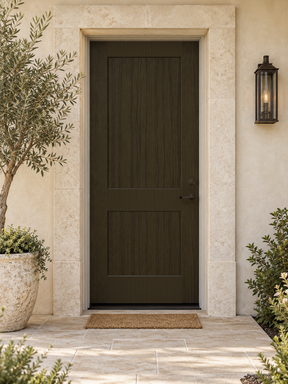 Charcoal stained wood front door kit by Retique It, featuring a grained finish and sleek design for stylish entryway appeal.