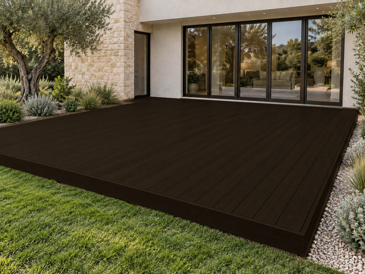 Retique It Decking Wood'n Kit in Classic Black stain, showing a beautifully finished black wooden deck with grain details.