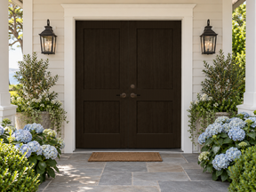 Double front door kit by Retique It in classic black stain, showing a black grained wood finish on a stylish double door.