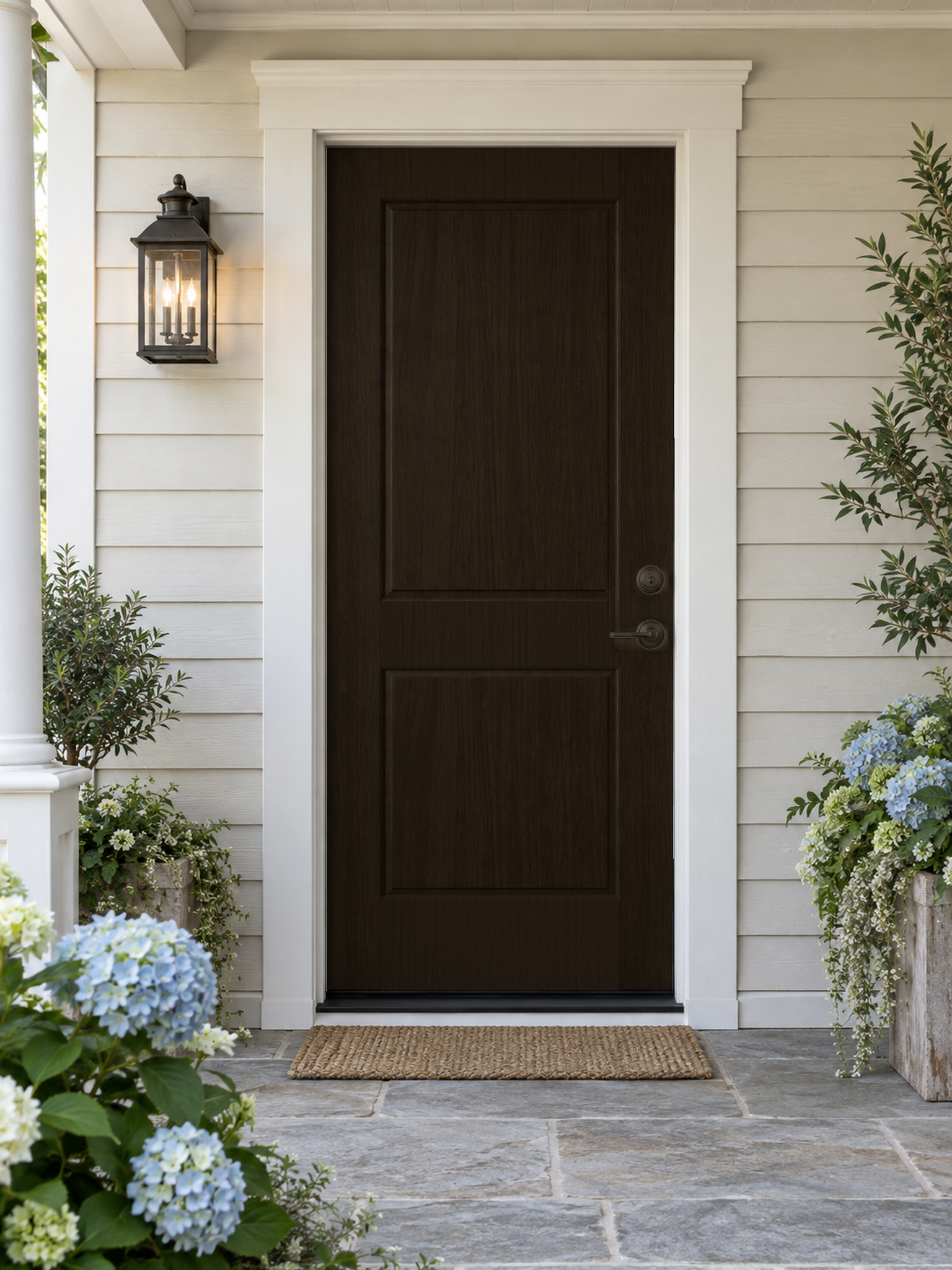 Retique It Wood'n Finish front door kit in classic black with a rich wood grain stain on a single door.
