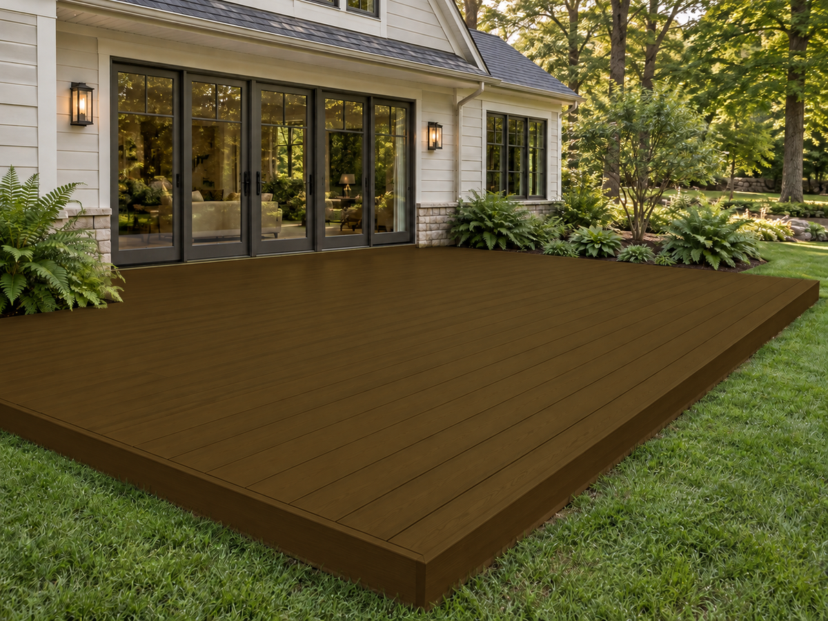 Dark Pecan decking wood stain kit by Retique It, showing a richly grained wooden deck with warm, deep brown tones.