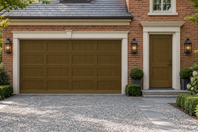Retique It Wood'n Door Kit in Dark Pecan stain showing a grained front and garage door with rich wood tones and natural texture.