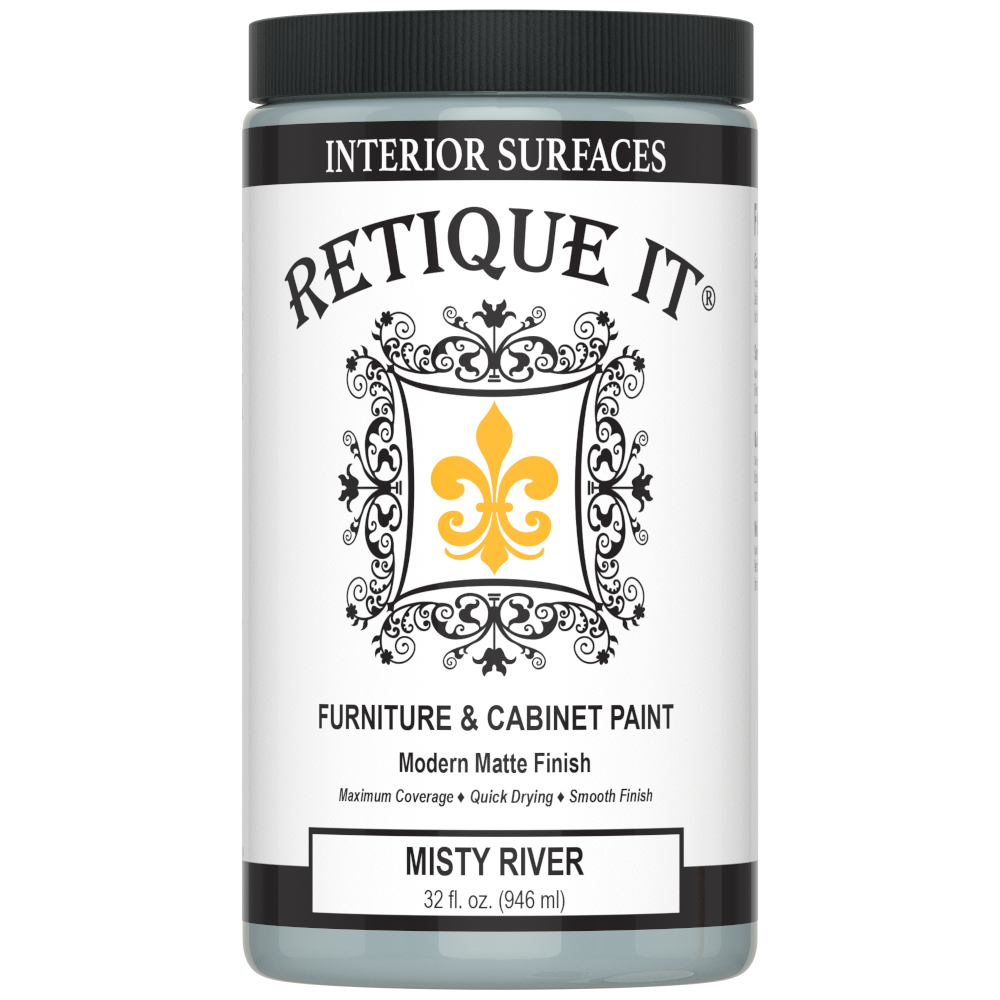 Retique It® furniture and cabinet paint in Misty River, a quart-sized container showing the smooth, muted blue finish.
