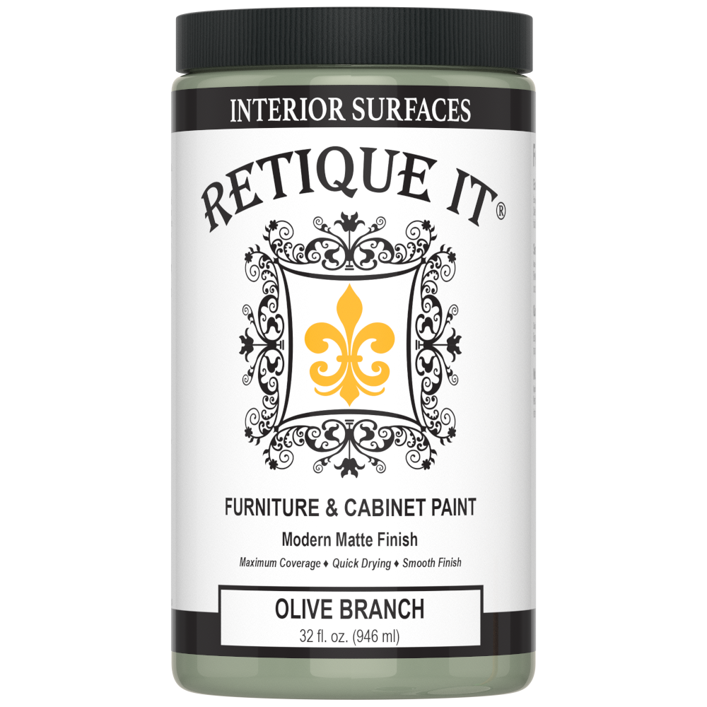 Jar of Retique It furniture and cabinet paint in Olive Branch color on a white background