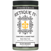Retique It® olive branch furniture and cabinet paint in a quart can, showcasing a smooth, painted wood surface.
