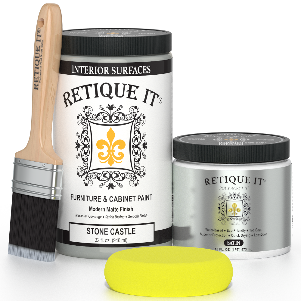 Retique It furniture paint with a brush and sample on a white background