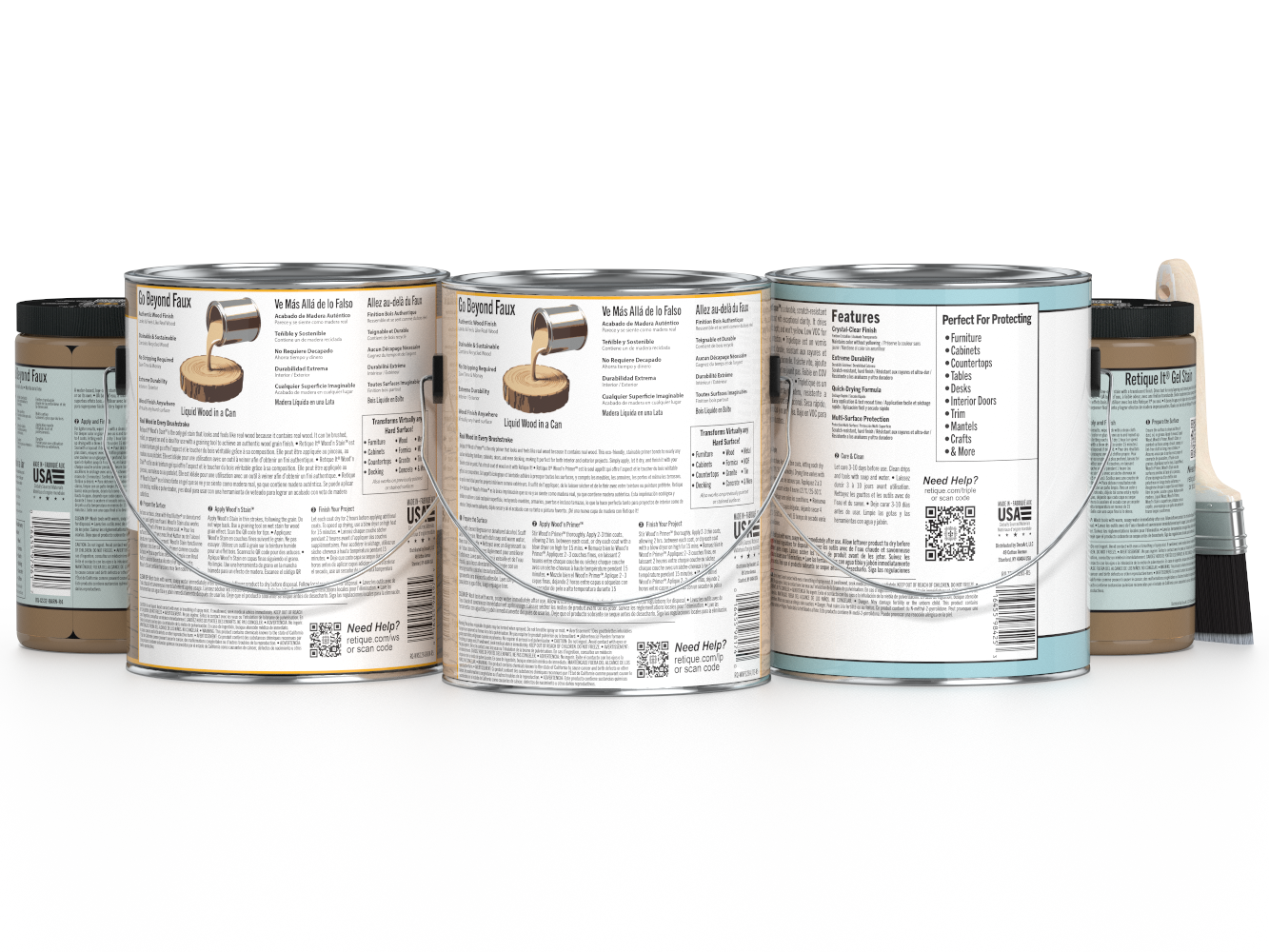 Retique It Wood'n Kit for barn wood, interior topcoat, showing four large containers with wood finish products for multi-purpose use.