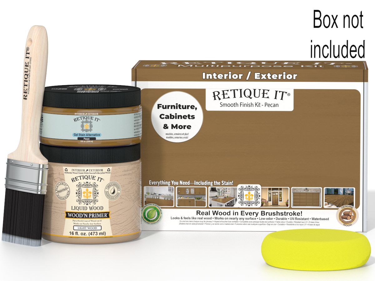 Retique It® Multi-purpose Smooth Finish Kit (Med) in Pecan for wood finishing, featuring brushes and stain in a compact set.