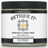 Retique It Furniture and Cabinet Paint in Olive Branch, quart size, showing a smooth, painted cabinet surface with a glossy finish.