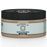 Retique It Gel Stain in Barn Wood, showcasing a rich, textured wood finish with a smooth application on a wooden surface.