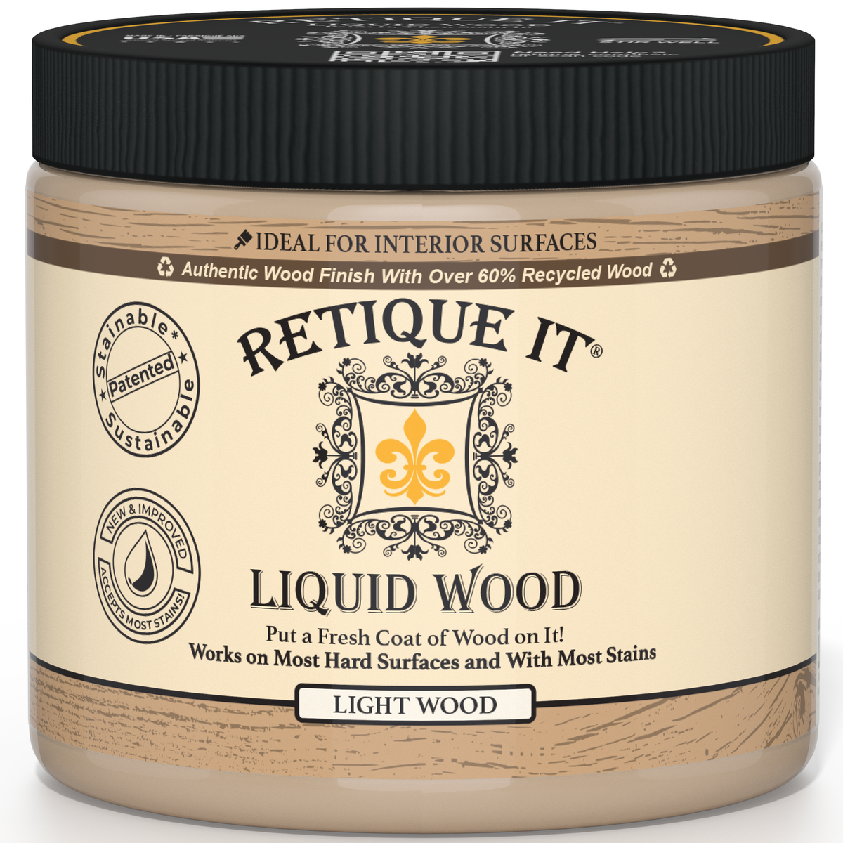 Retique It® Liquid Wood Light interior paint in a container, showcasing the wood-like finish and smooth application surface.